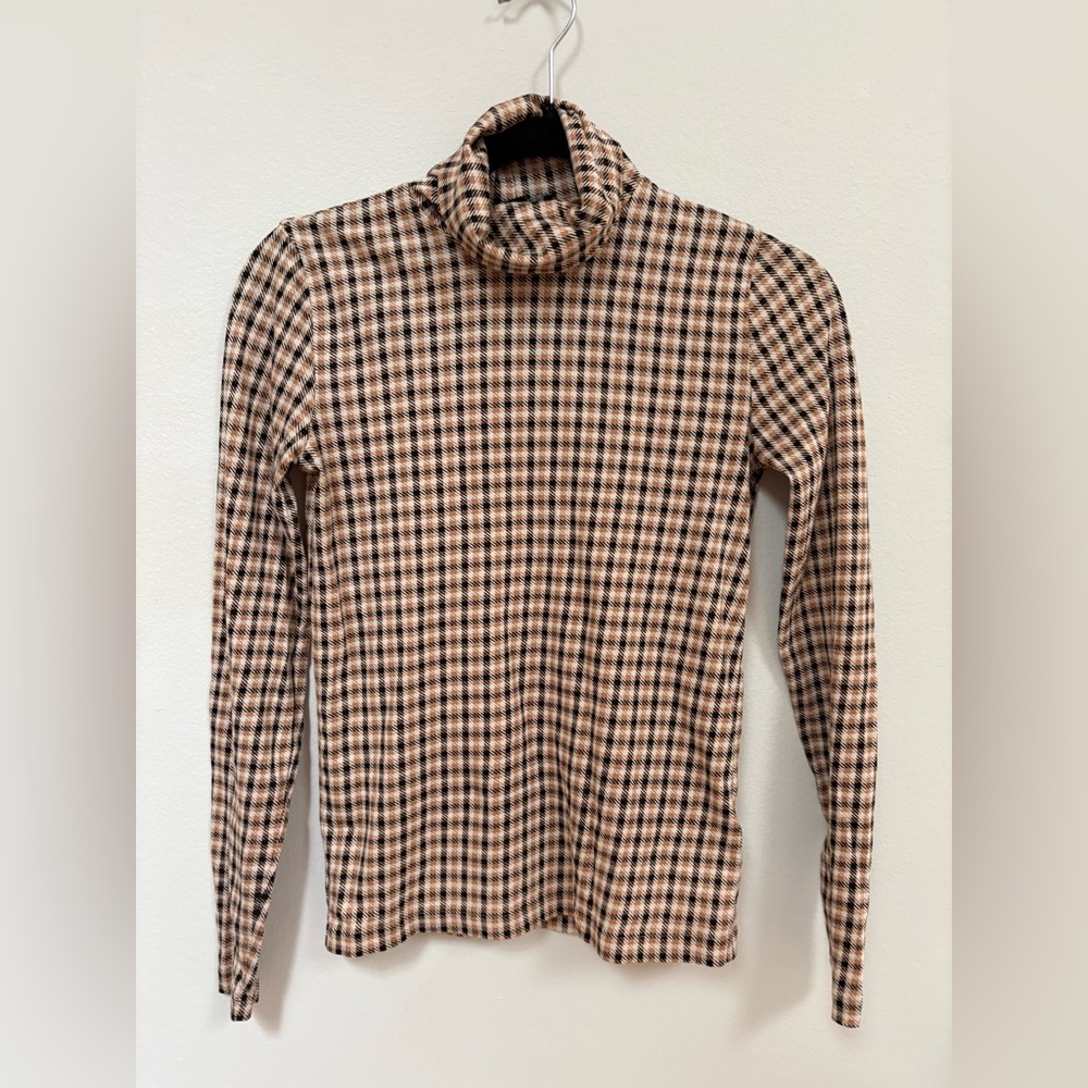 J. Crew Tan and Black Plaid Turtleneck Long Sleeve Top